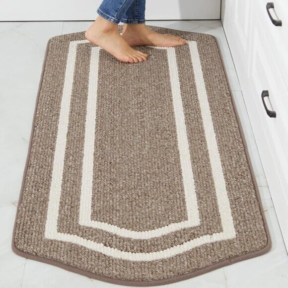 New 24x48In Long Kitchen Mat, Absorbent Non-Skid Washable Floor Rug, Brown Frame